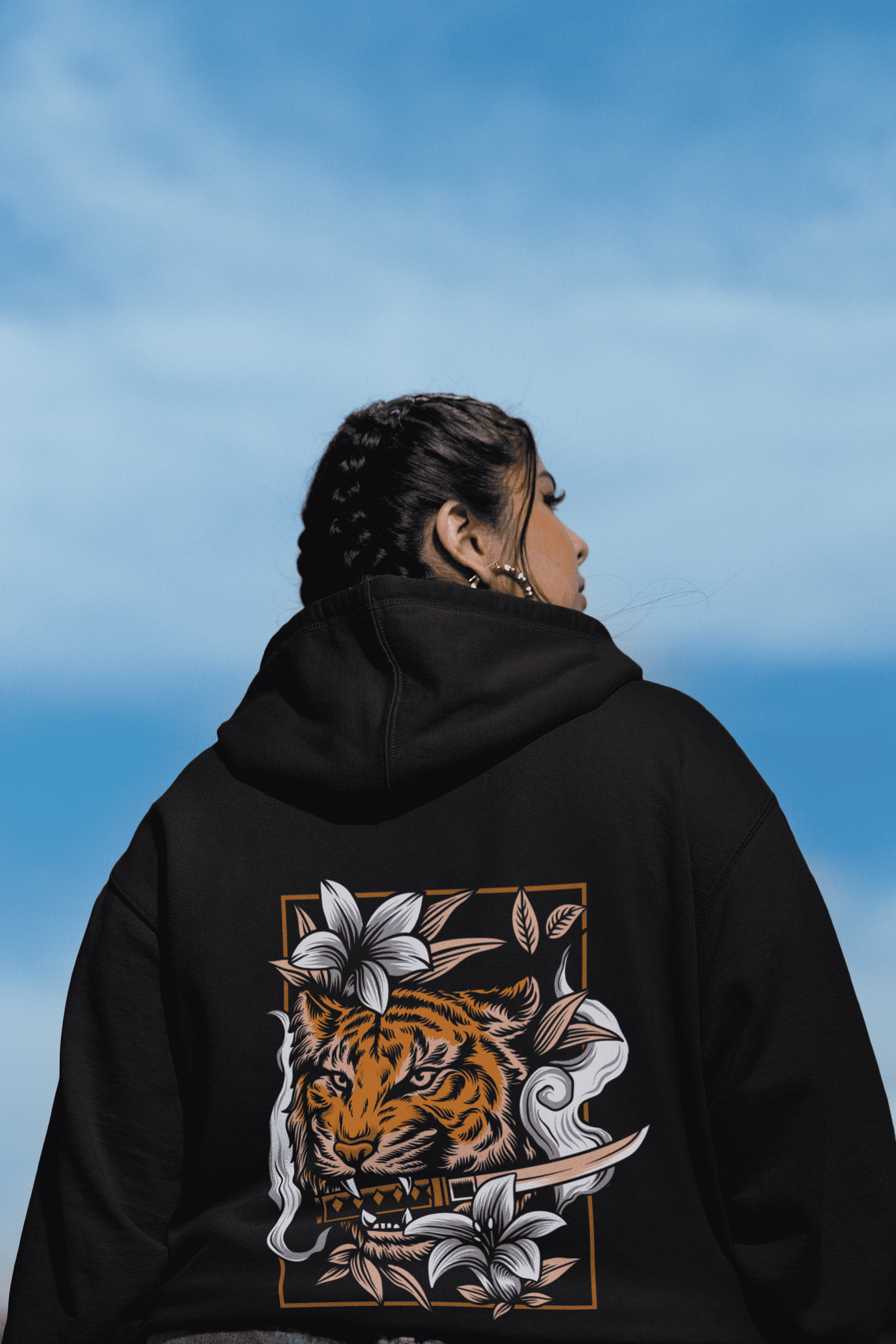 back view hoodie mockup of a serious latin woman